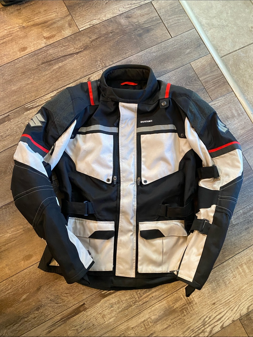Men's Black & White Suzuki Motorcycle Jacket with Red Accents